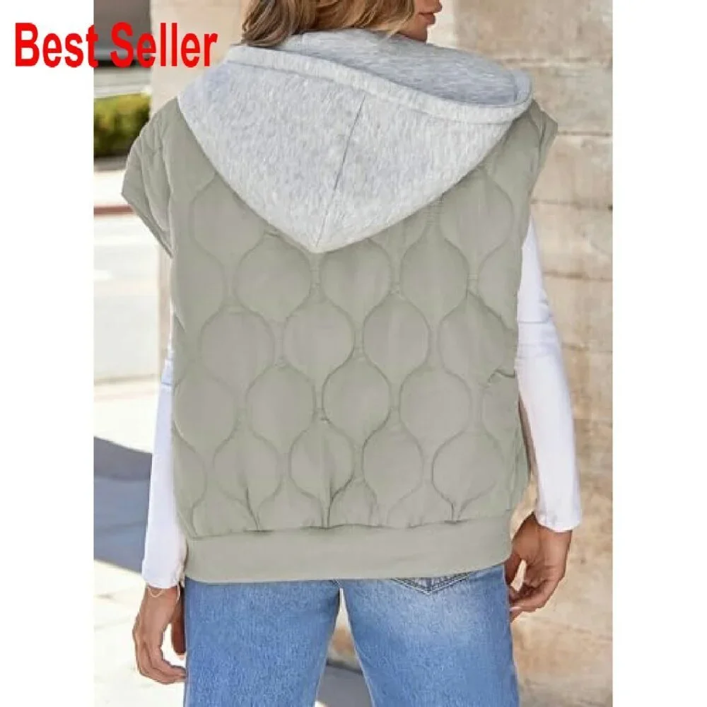 Cropped Hooded Puffer Vest Quilted Lightweight Sleeveless Jacket with Pockets